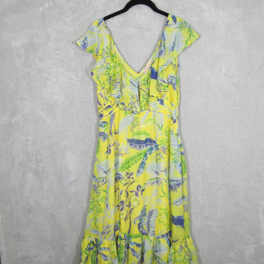 BANJANAN XS Silk Maxi Dress Yellow Tropical Floral Marina Ruffle V Neck Summer